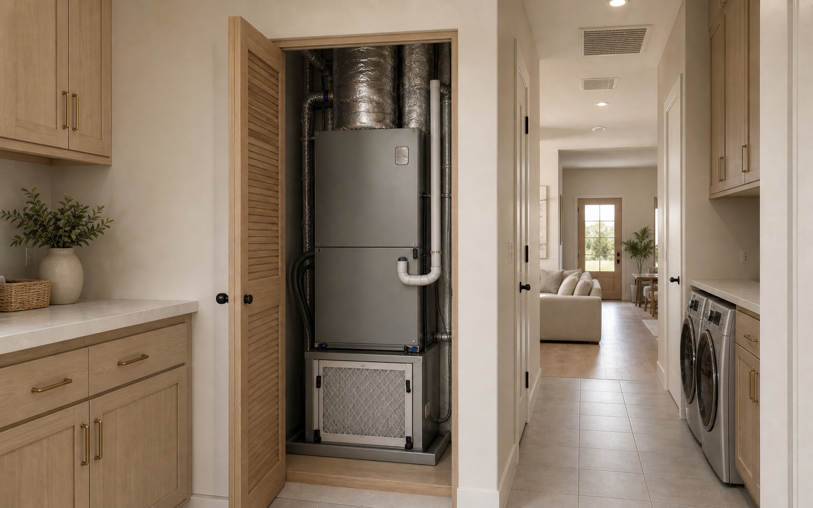 Concept rendering of a compact fresh-air and filtration system in an Oak Lane-style laundry room