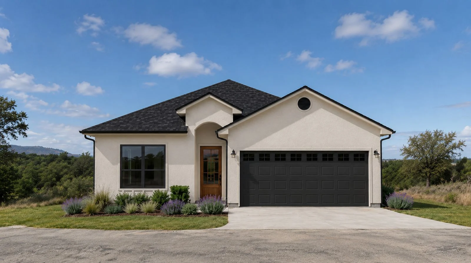 Oak Lane exterior design rendering in the Texas Hill Country landscape