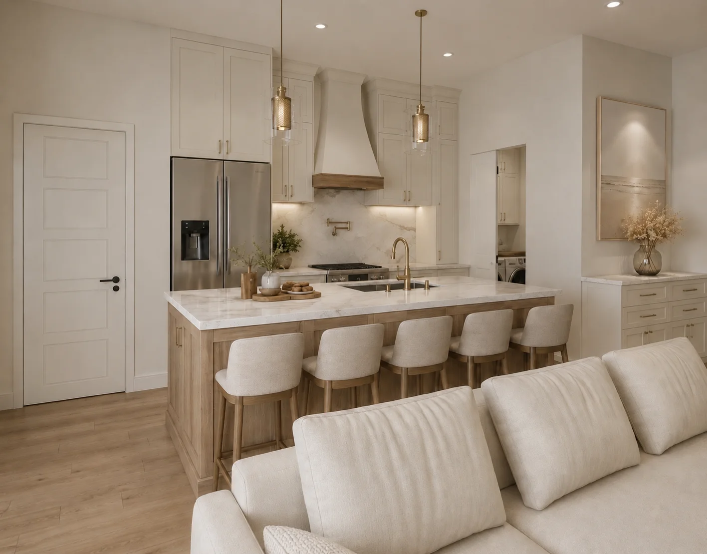 Light-filled Oak Lane kitchen and living space concept rendering