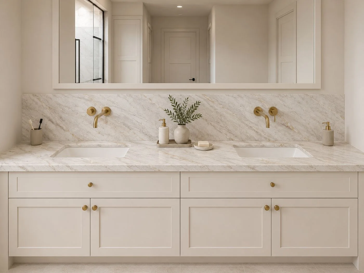 Oak Lane primary bathroom concept rendering with a double vanity and brass fixtures