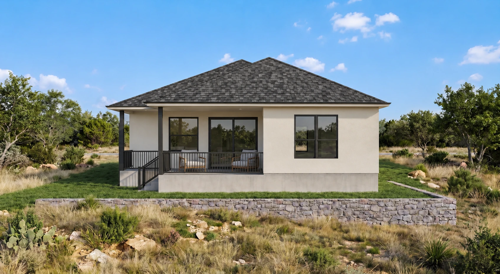 Rear elevation rendering of Oak Lane with a covered porch, black railings, and stone retaining wall