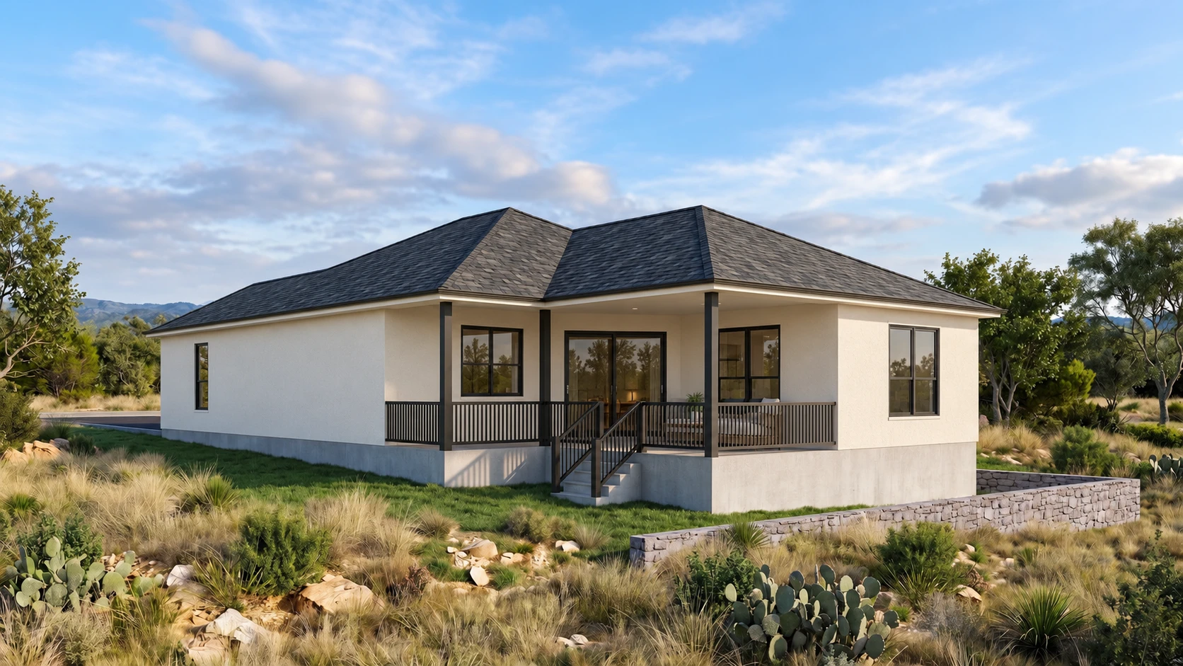 Angled rear rendering of Oak Lane showing the covered terrace, steps, retaining wall, and Hill Country terrain